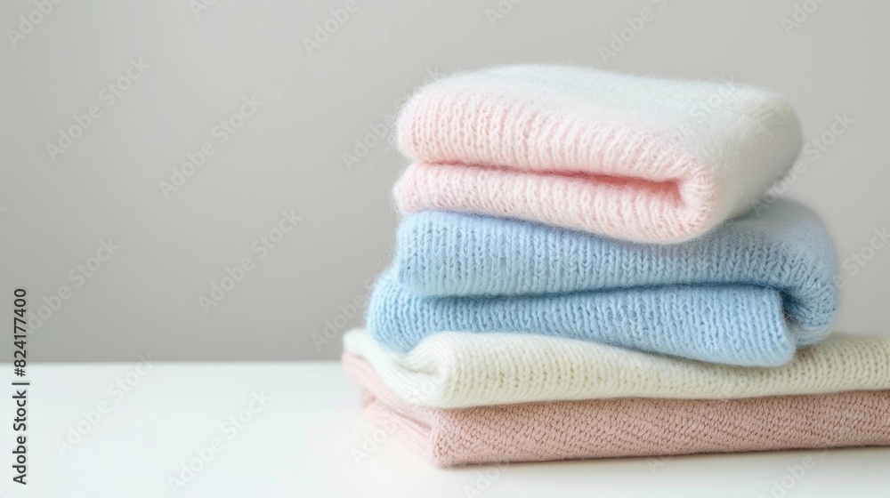 Cozy knitted sweaters in pink, blue and white colors on white background for fashion and beauty concept Cozy knitted sweaters in pink, blue and white colors on white background for fashion and beauty concept