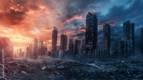 postapocalyptic cityscape with ruined skyscrapers and dramatic sky concept illustration photo