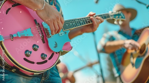 A musician plays a pink electric guitar on stage. The guitarist is wearing a blue shirt and jeans. photo