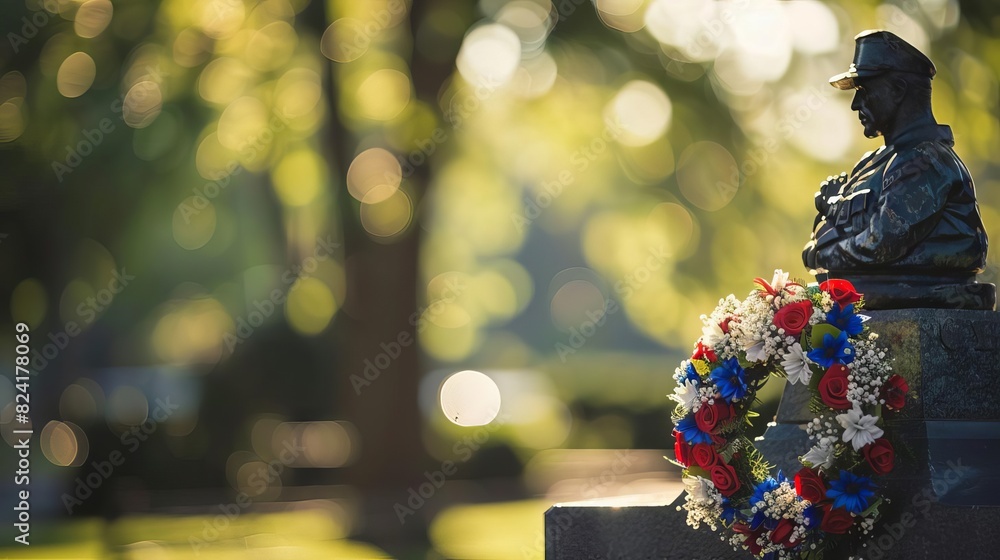 red white and blue wreath at base of fallen soldiers statue honoring ...