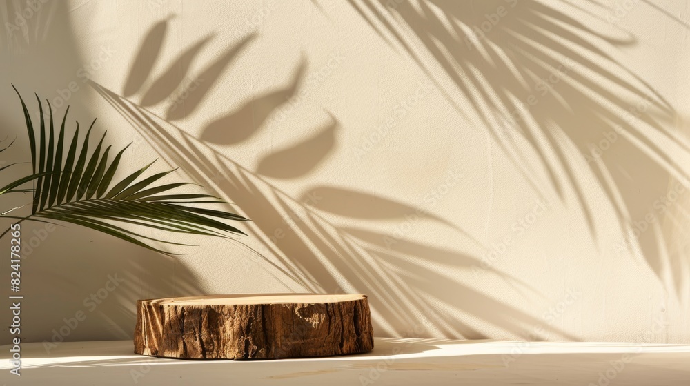 Minimalist wooden stump podium with palm leaf shadow and beige background for product display. For product presentation or showcase. Minimalist wooden stump podium with palm leaf shadow and beige background for product display. For product presentation or showcase.