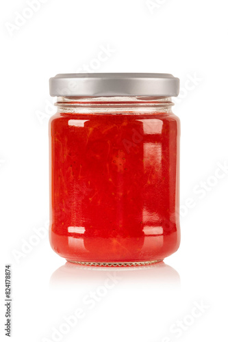 Jar of strawberry jam isolated on white background.
