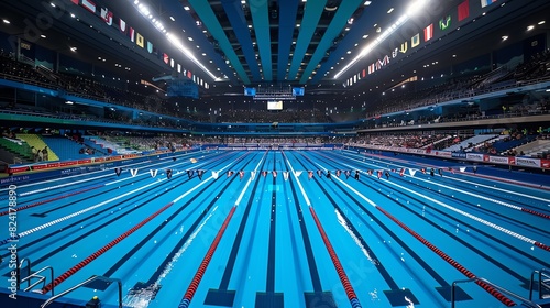 An Olympic-sized swimming pool with crystal clear water. The pool is surrounded by empty stands. photo