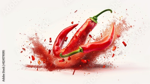 Photorealistic chilli pepper slices and red dust splash isolated on white background