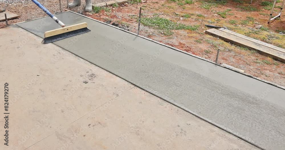 When construction worker uses broom brushing pattern textured to freshly concrete poured surface When construction worker uses broom brushing pattern textured to freshly concrete poured surface