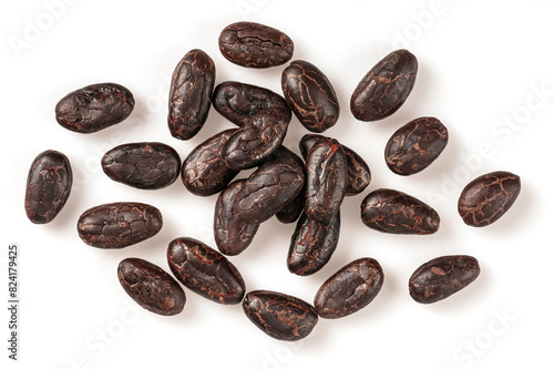 Cocoa beans isolated on white background. Top view
