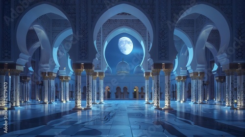 serene worship moonlit interior of grand islamic mosque with ornate arches and domes