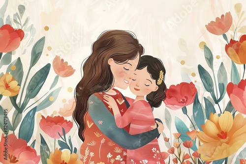 happy mother and daughter hugging framed collage on floral background sentimental illustration