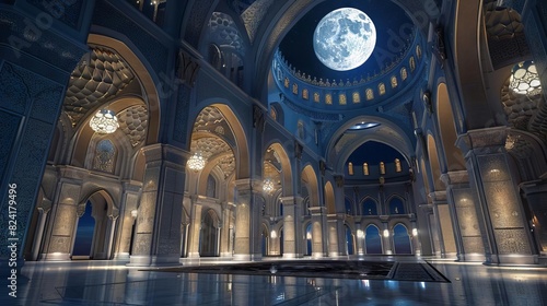 serene worship moonlit interior of grand islamic mosque with ornate arches and domes © furyon