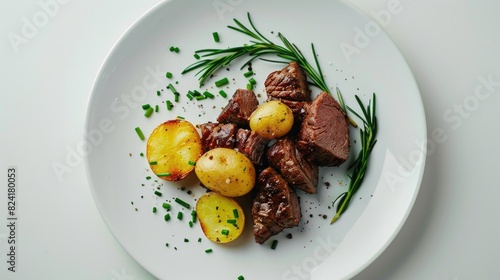 Potato Slice with Veal Steak Traditional Eastern European Meal White Background