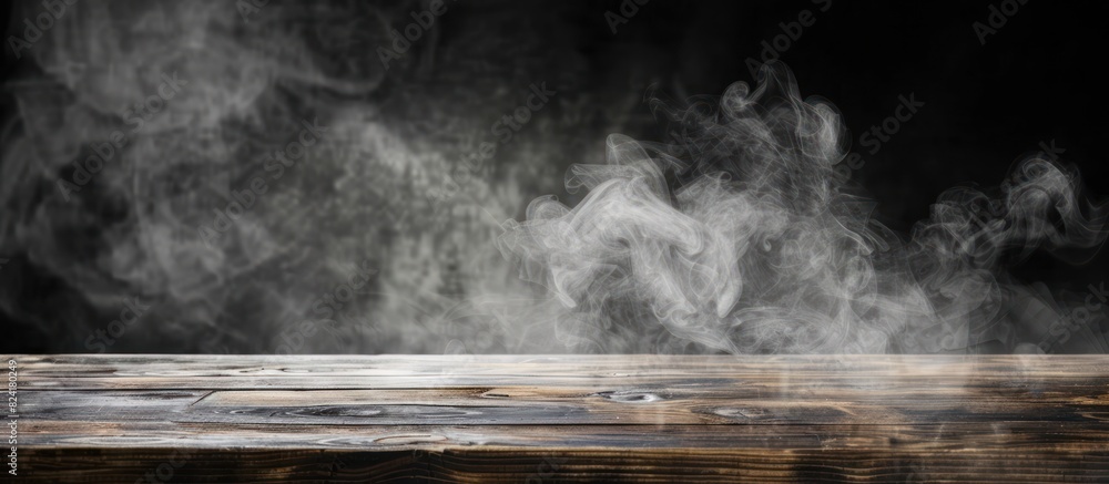 empty wooden table with smoke float up on dark background Empty Space for display your products empty wooden table with smoke float up on dark background Empty Space for display your products