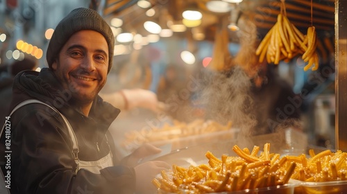 Illustrate a bustling street vendor in Spain, frying churros in hot oil while customers eagerly wait, Close up