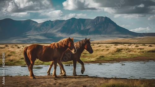 In a stunning savanna setting  two horses gallop freely with mountains and water in the background.