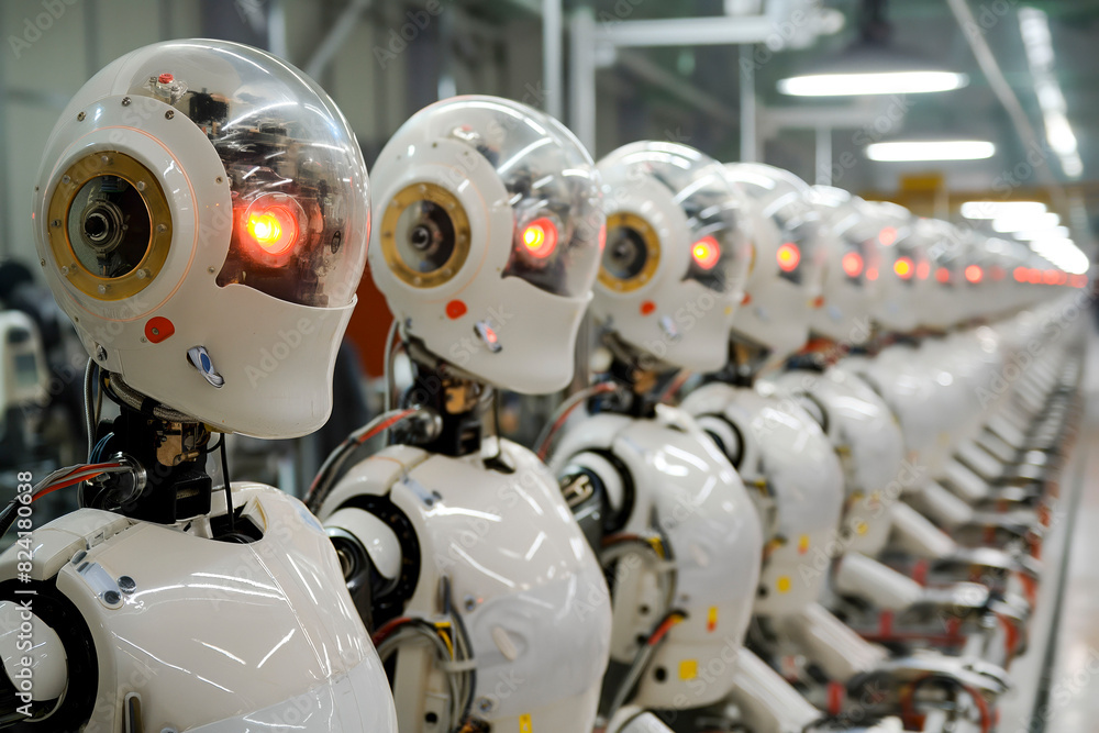 Fototapeta premium Assembly line of humanoid service robots at a factory.