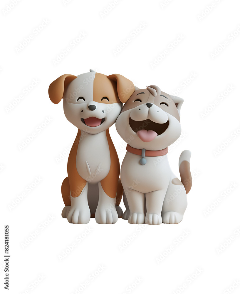Happy animal friendship between a cute dog and cat in 3D render illustration of chibi cartoon character, Isolated on Transparent Background, PNG Happy animal friendship between a cute dog and cat in 3D render illustration of chibi cartoon character, Isolated on Transparent Background, PNG