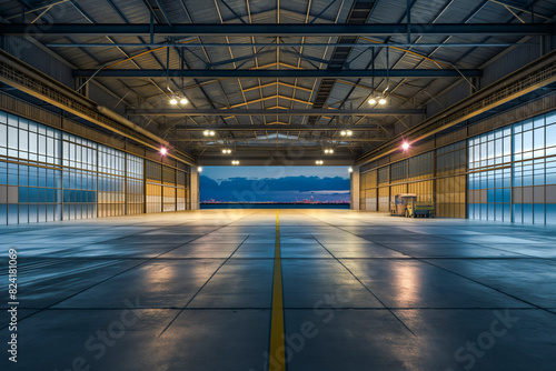 Empty hangar at night with lights on