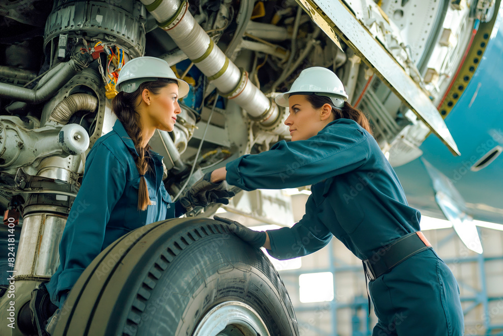 Female aircraft engineers inspecting landing gear on a large jet.