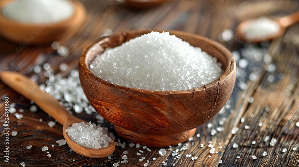 unrefined sweetness organic white sugar in rustic wooden bowl unrefined sweetness organic white sugar in rustic wooden bowl