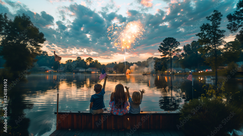 Friends and Family Enjoying the Summer Holiday Fireworks on the Lake. Generative AI.