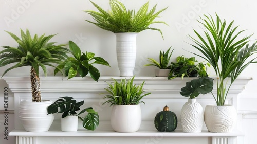 verdant indoor plants adorning white mantel modern living room interior design photo