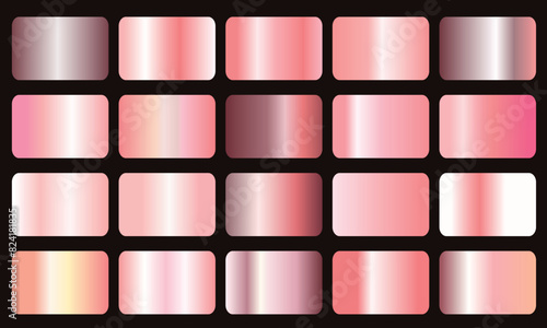 pink gradients metallic gradients set, Realistic pink gold gradient texture pack. Shiny golden rose metal foil gradient set. Gold rose foil texture set isolated on black background. Vector golden shin
