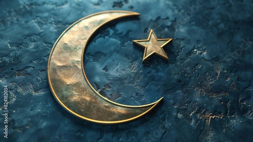 Golden Crescent Moon and Star on Blue Fabric Background with Ornate Texture © Kamarizal Kamarludin