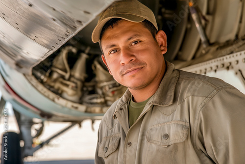 Handsome mid adult Hispanic male employee working under an aircraft. © MVProductions