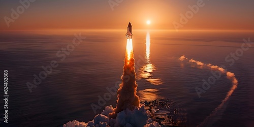 Rocket Shuttle Carrier Launching at Sunrise Over Ocean with Smoke Trail. Concept Space Travel, Sunrise Photography, Rocket Launch, Ocean Landscape, Smoke Trail photo