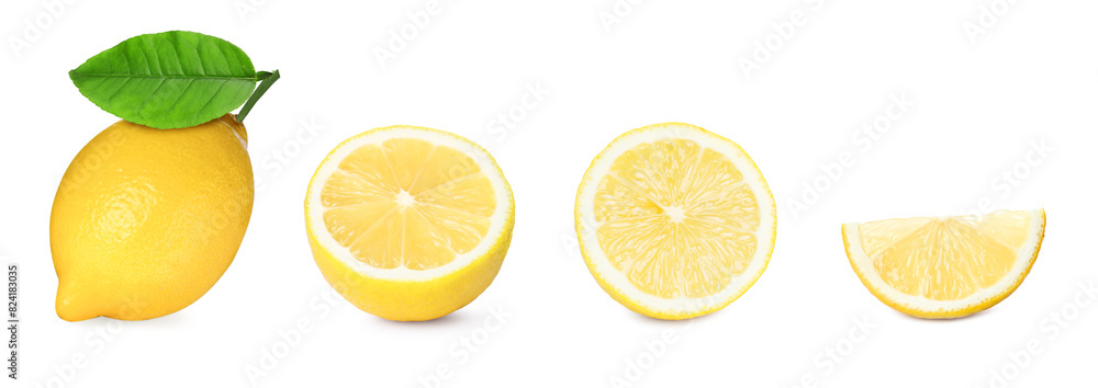 Fototapeta premium Fresh lemons isolated on white, set. Whole one, half and slices