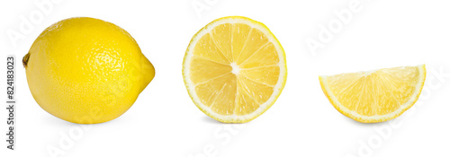 Fresh lemons isolated on white, set. Whole one, half and wedge