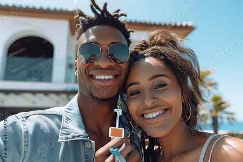 happy young couple holding keys in front of new house first time home buyers photo