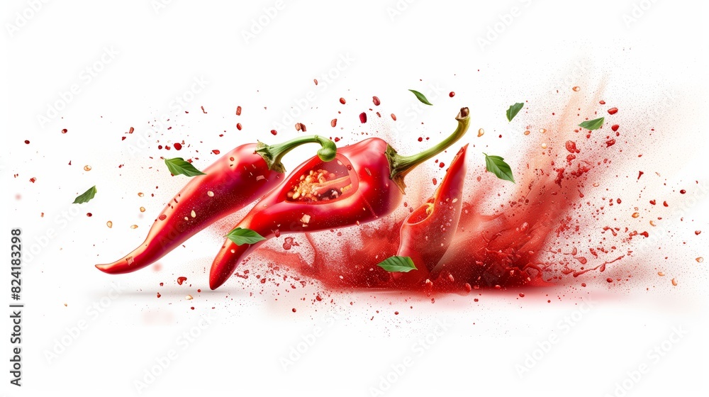 Photorealistic chilli pepper slices and red dust splash isolated on white background Photorealistic chilli pepper slices and red dust splash isolated on white background