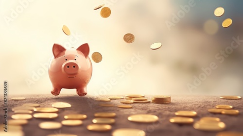 Piggy bank. Piggy bank with flying golden coins on a background with copy space. concept of preserving and saving money. Gold coins.