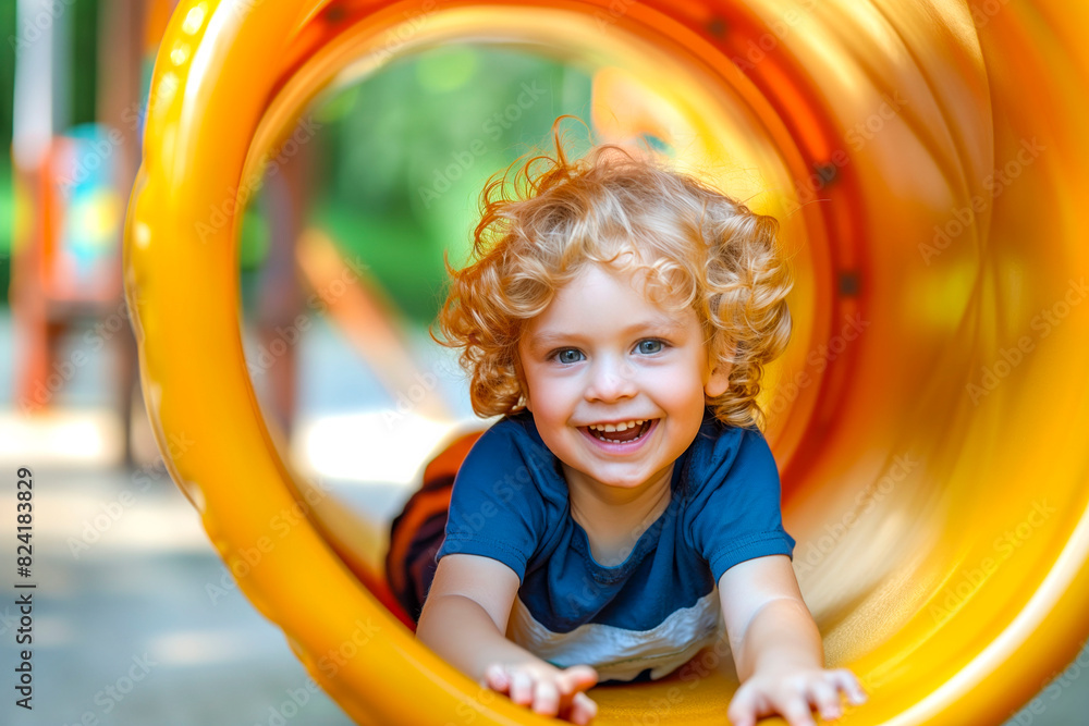 Joyful little Caucasian boy having fun playing on the tube slide in an outdoor playground. Joyful little Caucasian boy having fun playing on the tube slide in an outdoor playground.