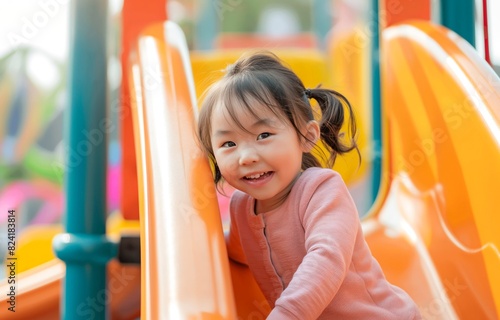Joyful little Asian girl having fun playing on the tube slide in an outdoor playground. © MVProductions