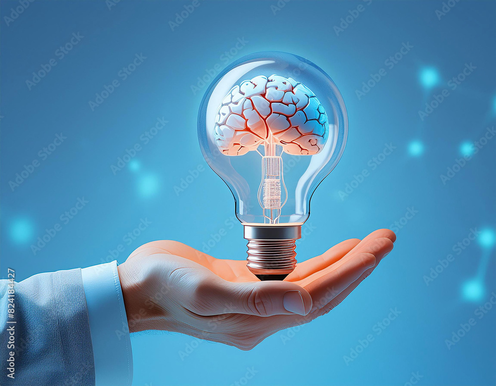 custom made wallpaper toronto digitalMale hand holding lit clear light bulb with brain inside, against blue background with bokeh and copy space