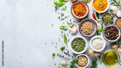 Assorted Spices and Herbs in Bowls on White Background with Copy Space