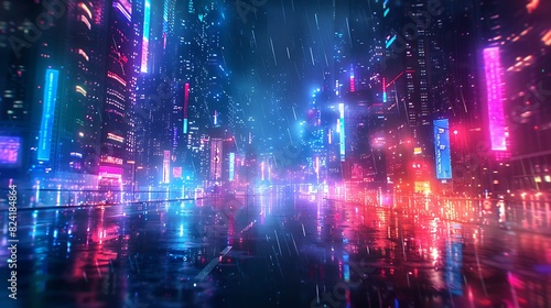 A digital representation of a neon-lit city at night. The city is filled with colorful lights  and there s a sense of movement and energy. 