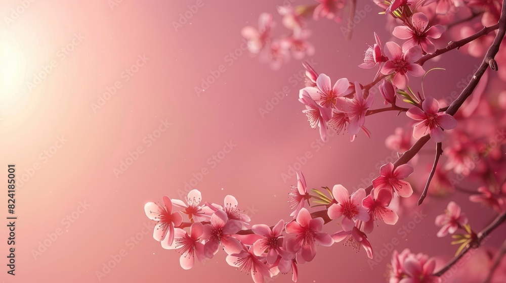 Pink Cherry Blossom Branch in Spring with Sunlight on Pink Background Pink Cherry Blossom Branch in Spring with Sunlight on Pink Background