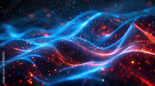 A digital representation of a flowing fabric with blue and red lights. The background is dark. The concept of technology
