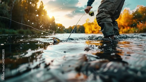 Fishing background. Fisherman catching trout on a river.