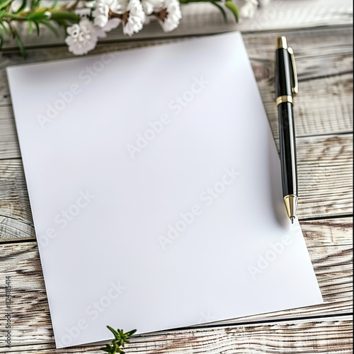 Hoja en blanco con un bolígrafo sobre un escritorio de madera y una lámpara con poca luz. Concepto de mensaje, carta, notas. photo
