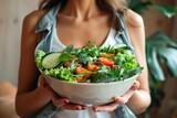 healthy woman enjoying fresh salad after home workout lifestyle photography