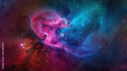 A colorful nebula cloud swirling with deep magentas and cerulean blues, set against a glittering starry night sky in the galaxy.
