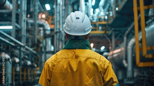 Back view of a male worker wearing a white helmet and yellow uniform with a green jacket working