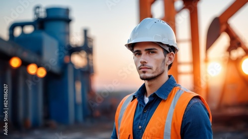 Confident Industrial Worker in Hard Hat and Safety Vest at Construction Site During Sunset