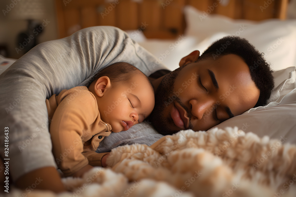 Black man father sleeping with daughter or son child. Caring father hugs his baby tenderly. Father's Day or Children's Day concept Black man father sleeping with daughter or son child. Caring father hugs his baby tenderly. Father's Day or Children's Day concept
