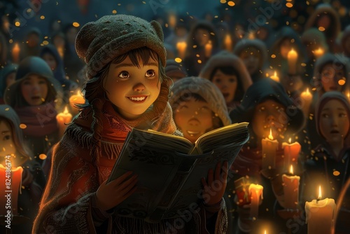 heartwarming christmas carol scene happy girl with songbook candlelit crowd digital painting photo