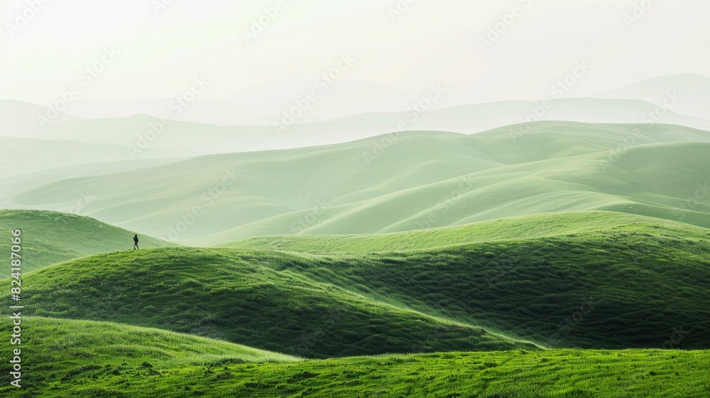 Panoramic shot of rolling green hills. Abstract green landscape wallpaper background illustration design with hills and mountains.