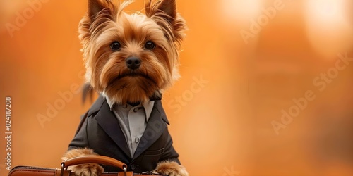 Professional Yorkshire Terrier in Business Attire Holding Briefcase. Concept Pet Photoshoot, Yorkshire Terrier, Business Attire, Briefcase Prop, Professional Portrait photo